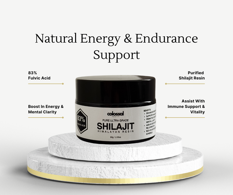 Colossal Shilajit jar with text highlighting benefits on a white background