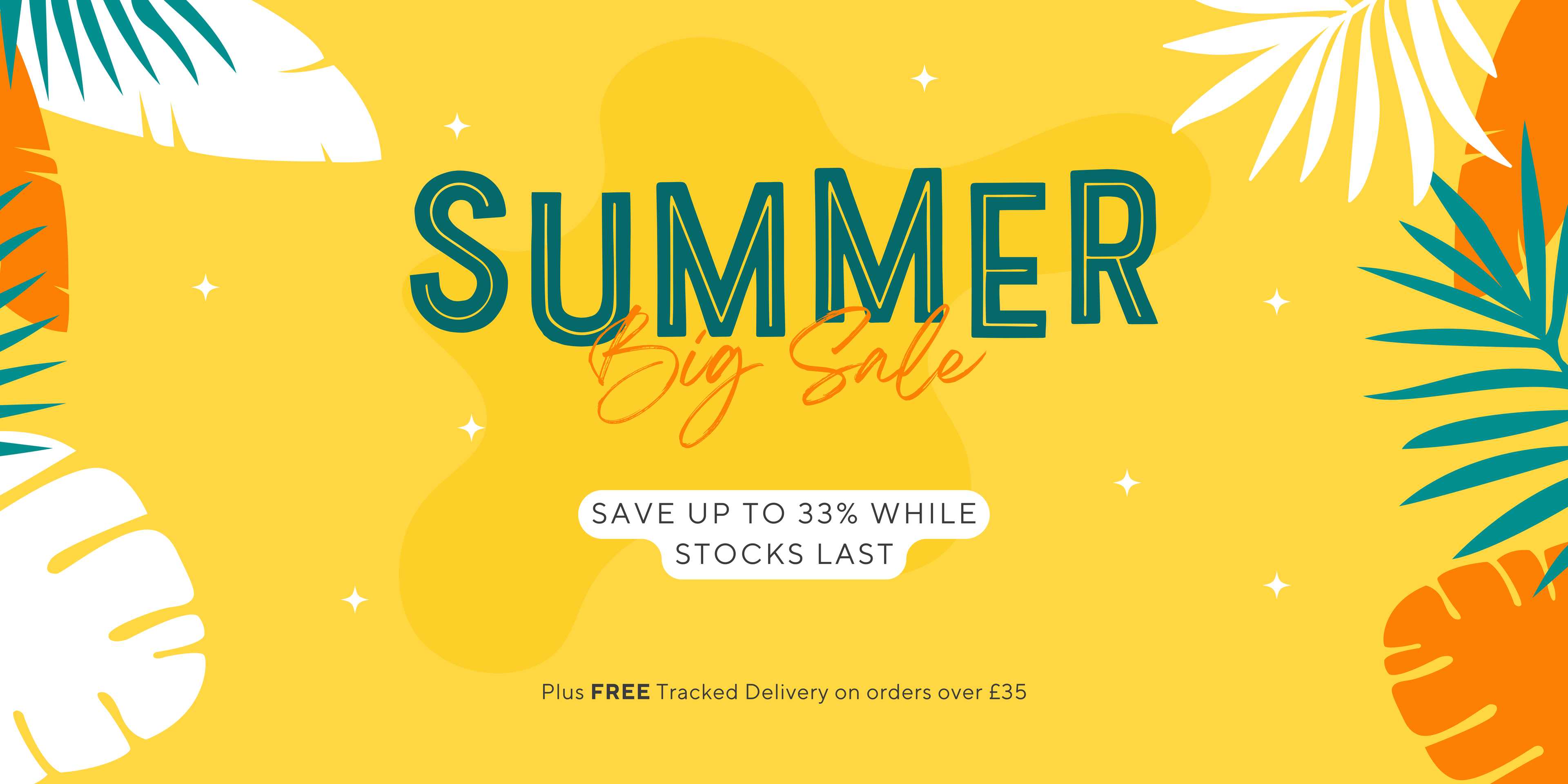 A promotional summer sale graphic with large teal and orange text reading 'SUMMER Big Sale' on a bright yellow background, surrounded by tropical leaf illustrations and sale copy.