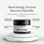 Infographic showing benefits of Colossal Health Pure Himalayan Shilajit resin including energy, focus, recovery, minerals and wellbeing.
