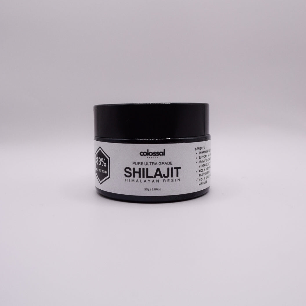 Colossal Health Pure Ultra Grade Shilajit Resin jar with label showing product details