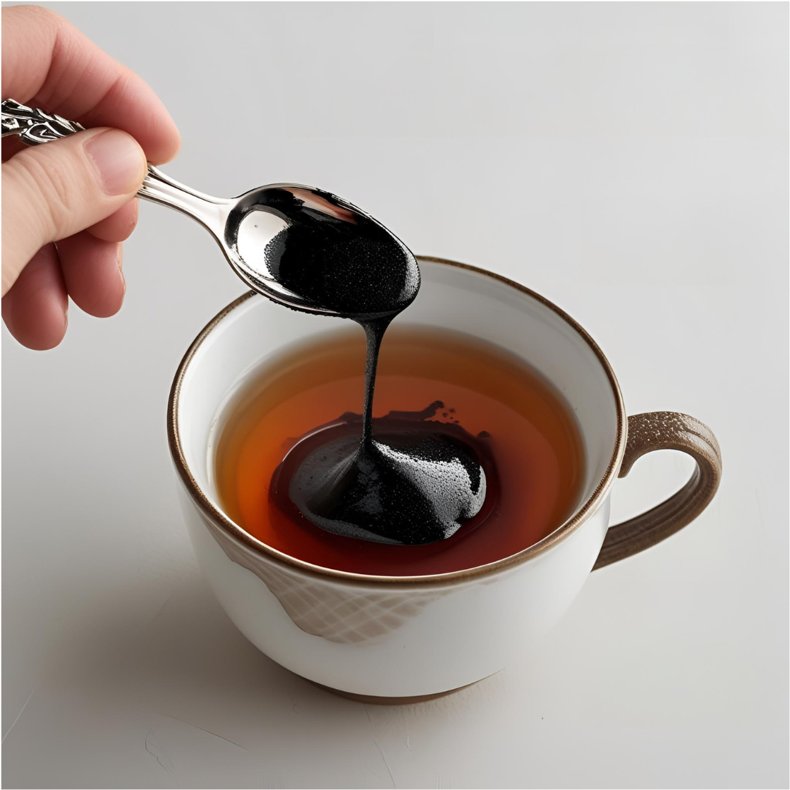 Pure Himalayan Shilajit resin being mixed into a cup of tea, showing natural supplement preparation by Colossal Health.